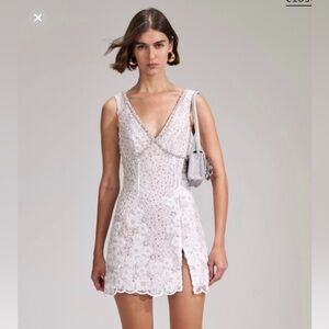 Self-Portrait WHITE BEADED SEQUIN V-NECK MINI DRESS